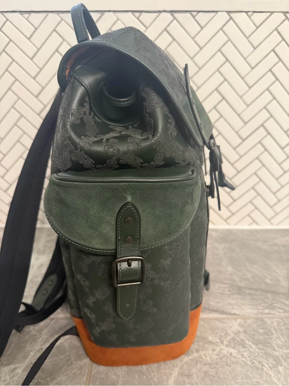 Coach Forest Green Signature Stagecoach Leather Backpack with Brown Suede Base